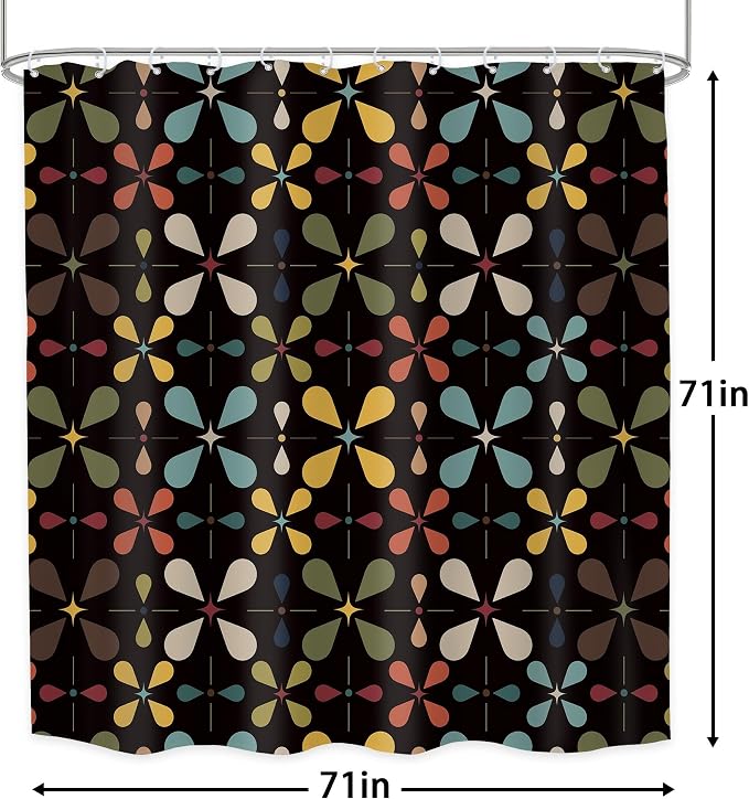Black Boho Mid Century Shower Curtain Bathroom Set 71Wx71H Inches Colourful Vintage Modern Abstract Retro Chic Geometric Women Men Bath Accessories Bohemian Art Home Decor Fabric 12 Pack Hooks