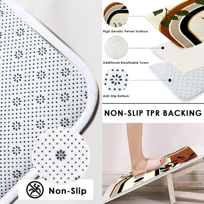 Boho Mid Century Shower Curtain Set with Toilet Lid Cover and Non-Slip Rugs, Cute Aesthetic Abstract Leaves Geometric 4 Pcs Modern Minimalist Shower Curtain for Bathroom Set with 12 Hooks