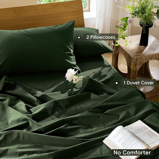 MooMee Bedding Duvet Cover Set 100% Washed Cotton Linen Like Textured Breathable Durable Soft Comfy (Solid Forest Green, Full 80"x90")