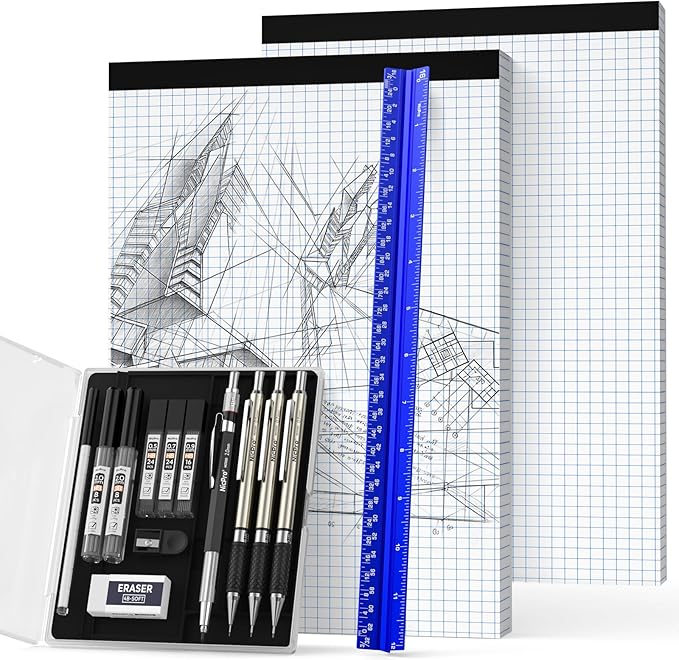 Nicpro 16PCS Drafting Tools with 12‘’ Aluminum Architect Scale Ruler, Mechanical Pencils 0.5, 0.7, 0.9 & 2mm, Lead Refills, 2 Pack Graph Paper Pad, Geometry Drawing Kit for Engineers Students Design