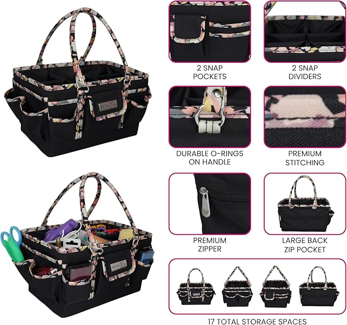 Everything Mary Deluxe Store & Tote Organizer – Black with Floral Trim Craft Caddy – Collapsible Storage Bag for Scrapbooking, Sewing, Art Supplies & DIY Craft Tools