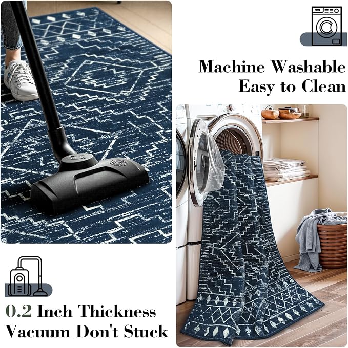 Wonnitar Moroccan Bathroom Rug,Washable 2x3 Small Bath Mat, Boho Tribal Soft Kitchen Sink Mat, Non-Slip Geometric Entry Way Rug, Low-Pile Indoor Carpet for Bedside Entrance Laundry (Blue,2'x3')