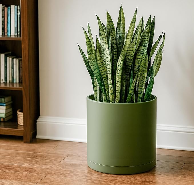D'vine Dev 14 Inch Plastic Planter Pots for Plant Pot with Drainage Hole and Seamless Saucers, Olive, 74-X-I-4