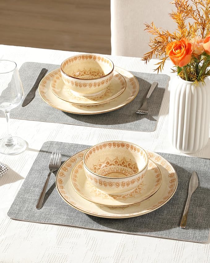 Sweejar Dinnerware Sets Service for 4, 12 pcs Porcelain Plates and Bowls for Kitchen, Housewaring Gift, Chip and Scratch Resistant Dish Set, Handmade Dishwasher and Microwave Safe Plate Set, Bohemian