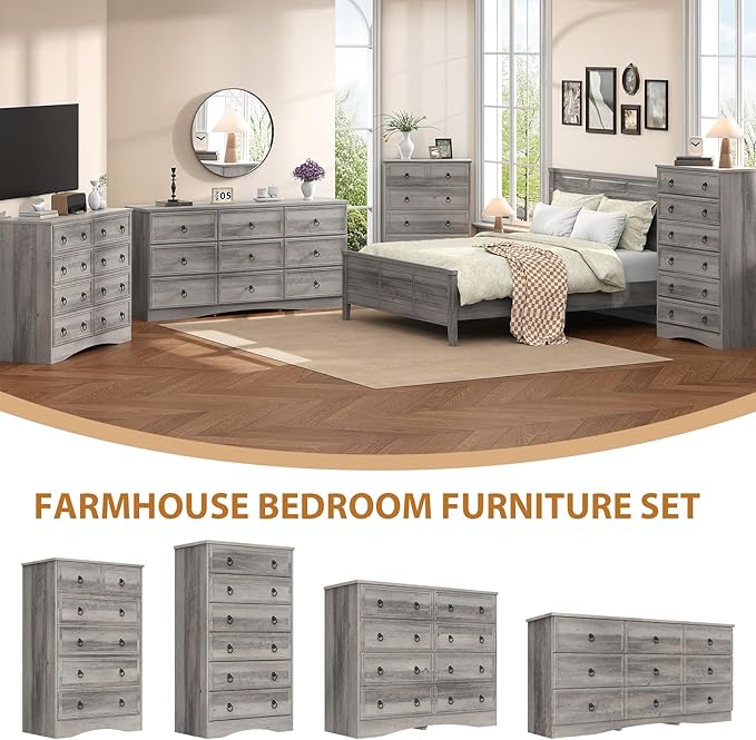 9 Drawer Dresser for Bedroom, 63'' Grey Chest of Drawers Wood, Large Storage for Clothes, Vintage Design, for Living Room, Bedroom, Hallway