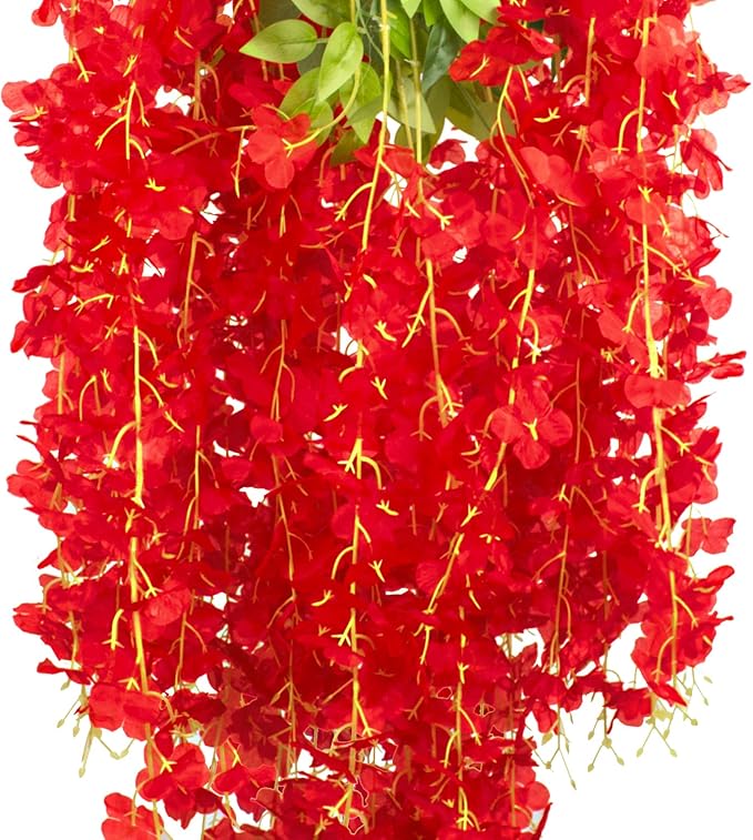 12 Pack Artificial Flowers Silk Wisteria Vine Ratta Hanging Flower (Red)