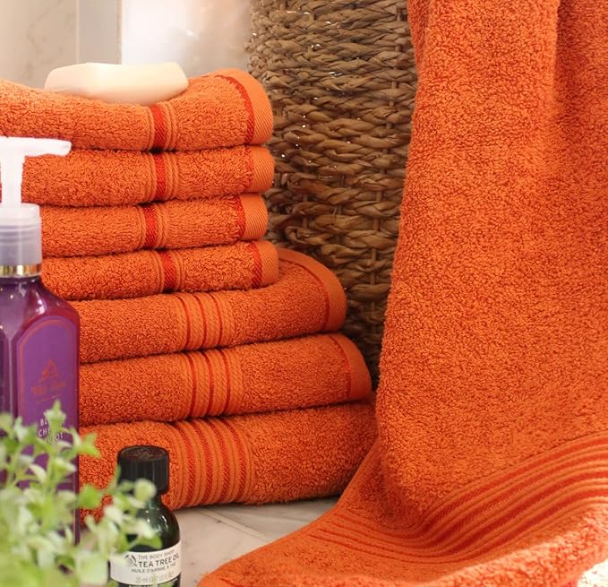 Orange Bath Towels for Bathroom – 100% Cotton, Thick, Soft, Luxury Bath Towels Set with 2 Extra Large Bath, 2 Hand, and 4 Washcloths – Plush, Absorbent, and Hotel-Quality Towels for Bathroom & Spa