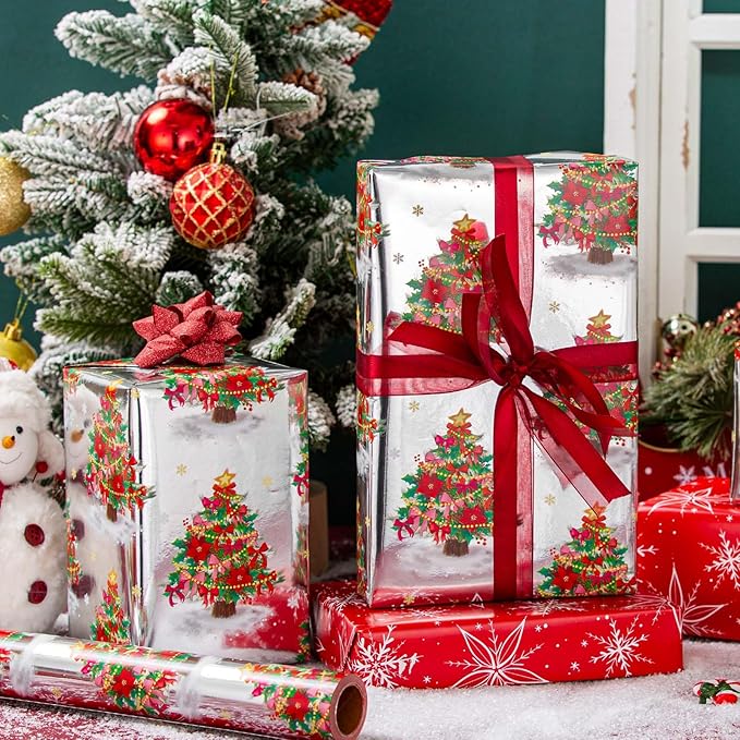 MAYPLUSS Christmas Wrapping Paper Roll - 17IN X 33FT - Silver Gift Wrapping Paper Featuring Christmas Tree Bow Reversible Snowflake for Kids, Holiday, New Year