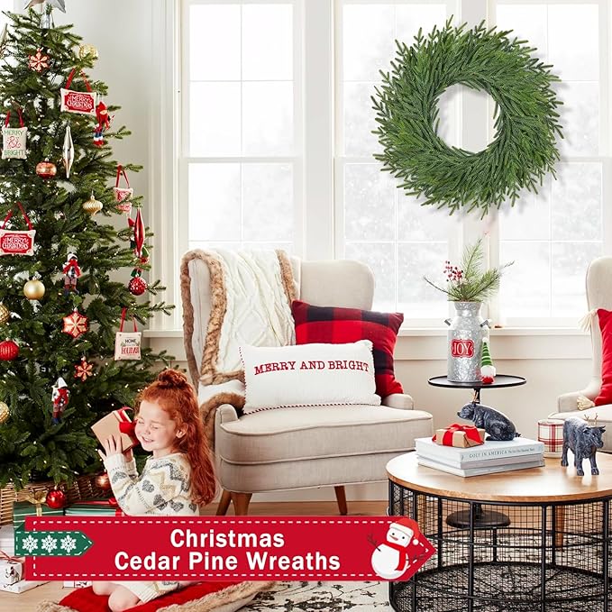 26 Inch Christmas Wreaths for Front Door Real Touch Large Xmas Winter Pine Cedar Wreaths for Windows Outdoor Indoor Christmas Holiday Home Yard Farmhouse Wall Front Door Porch Hanging Decor Clearance