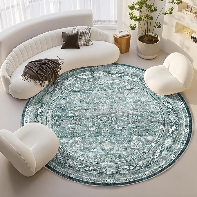 OPPODREAM Vintage Teal Round Rug 8ft, 8 ft Retro Washable Circle Rug Non Slip, Low-Pile Faux Wool Circular Carpet, Distressed Floor Mat for Living Room, Bedroom, Office, Dorm, Dinning Room