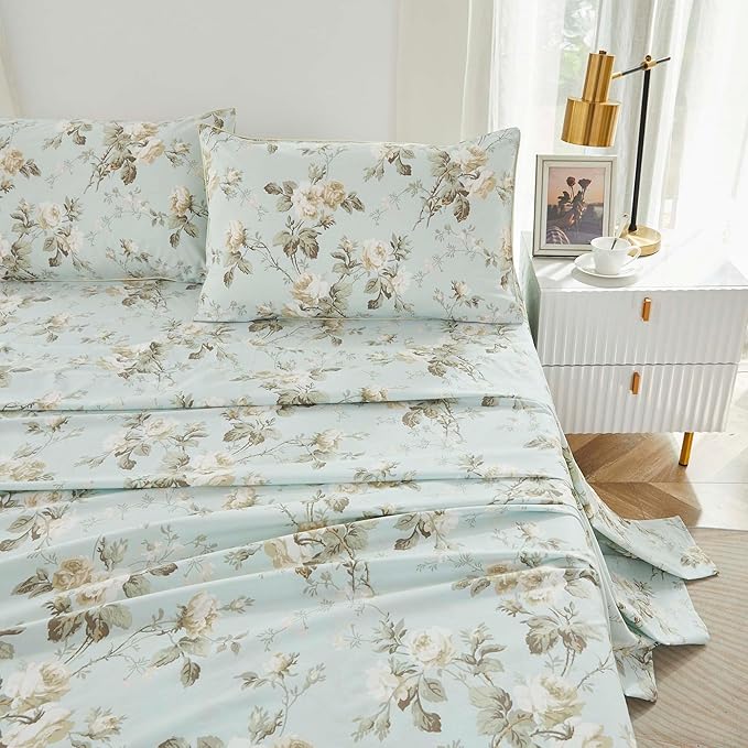 Brandream French Country Sheet Set Twin Size Garden Toile Floral Print Bed Sheet Set 800 Thread Count 100% Egyptian Cotton Deep Pocket Tapestry Pattern Chinoiserie Peony Blossom Tree, 4Piece