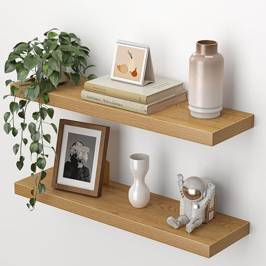 Heimlove 24 Inch Floating Shelves for Wall,Mounted Storage Wood Shelves with Invisible Brackets Hanging Shelf for Bedroom,Living Room,Kitchen,Office,Set of 2,Oak Color