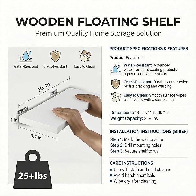 SAUMONIERES Floating Shelves Wall Shelf Solid Wood for Bathroom Bedroom Kitchen Set of 3, White Wall Shelves
