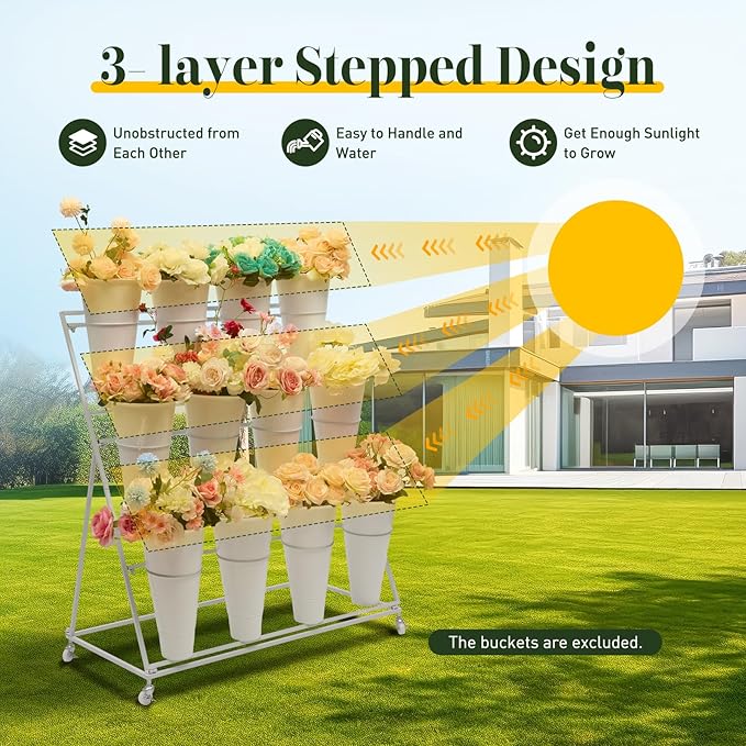 3 Layers Movable Flower Display Stand Metal Plant Stand with 12Pcs Buckets Moving Florist Bouquet Shelf Flower Holder Organizer Rack for Patio Garden Living Room Florist,White