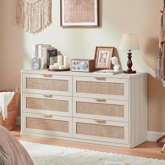 LEYAOYAO Rattan 6 Drawer Dresser for Bedroom, Boho 54" Wide White Dresser Chest of Drawers, Dressers TV Stand with Metal Handle, Storage Dressers Closet Organizer for Living Room, Hallway