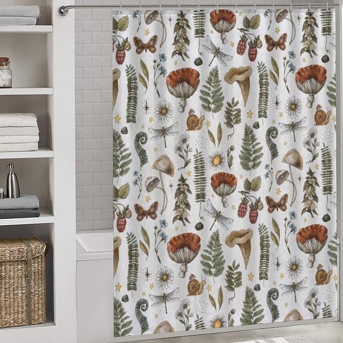 Mushroom Shower Curtain for Bathroom, Farmhouse Country Wild Floral Daisy Botanical Mushroom Cottagecore Nature Plants Herbs Retro Waterproof Fabric Shower Curtain Set with Hooks, 72"x72" Inch