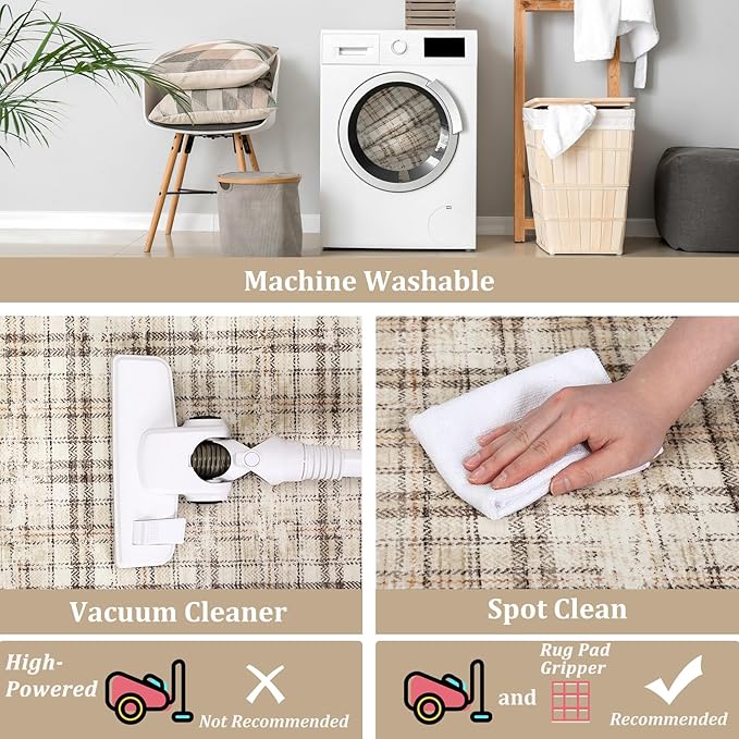 Modern Plaid Washable Rug 10x13 Area Rug for Living Room Soft Large Area Rug for Bedroom Non Shedding Non Slip Throw Rugs Stain Resistant Carpet for Dining Room Nursery Rug 10'x13' Beige