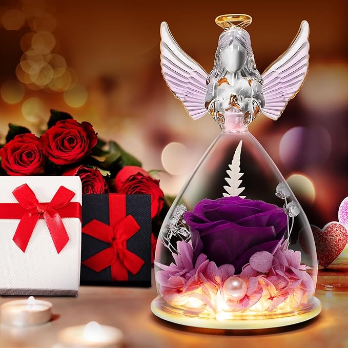 LURLIN Birthday Rose Gifts for Women, Preserved Flowers & LED Angel Figurines for Mom, Grandma, Wife, Friend, Teacher, Nurse & Anniversary Day Girls