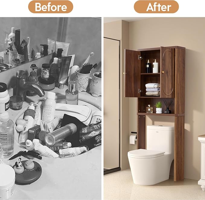 ORRD Fluted Over The Toilet Storage Cabinet, Bathroom Toilet Storage Cabinet with Door, Wood Curved Over The Toilet Space Saver Cabinets for Restroom Bathroom, Walnut