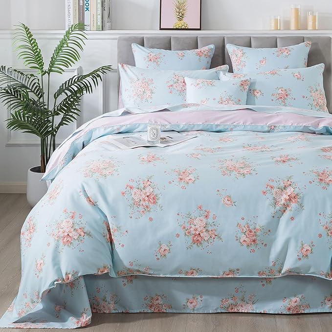 FADFAY Duvet Cover Set Queen Blue Rose Floral Bedding Rustic Peony Flower Comforter Cover Set Vintage Farmhouse Bedding 100% Cotton Ultra Soft Quilt Cover with Hidden Zipper Closure 3Pcs, Queen Size