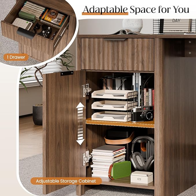 60" Fluted Home Office Desks with Storage, Modern Executive Desk Computer Desk with Drawer & Cabinet, Wood Work Desk for Office, Bedroom, Study, Living Room, Walnut