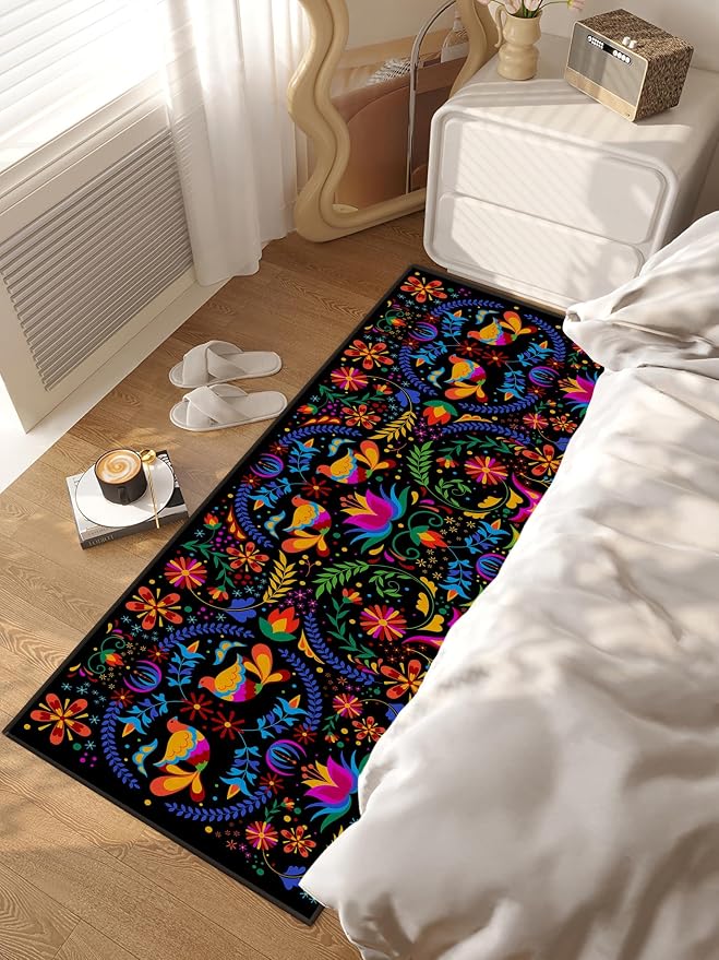 Mexican Floral Runner Rugs for Hallway, Mexican Talavera-Themed Kitchen Runner 2'x'6 Non-Slip Black Rug Carpet for Hallways Kitchen Laundry Bedroom Bathroom Machine Washable