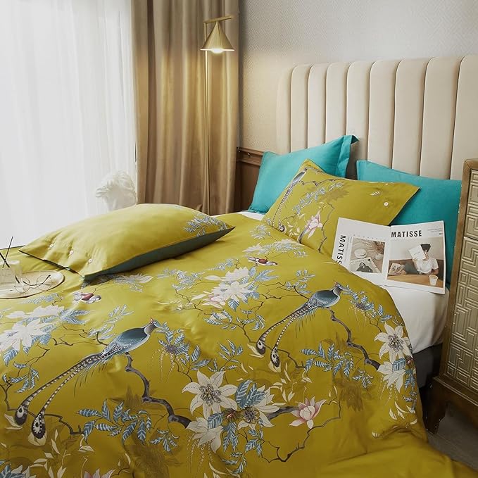 EAVD Vintage Garden Botanical Flower Cute Birds Pattern Duvet Cover King Cotton Yellow Chic Floral Tree Branches Printed Bedding Set with 2 Pillowcases Gorgeous Flower Duvet Cover with Zipper Closure