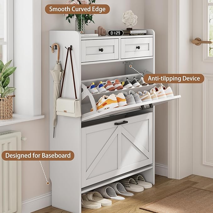 Shoe Cabinet with 2 Flip Drawers & 2 Top Drawers, 43" Tall Freestanding Narrow Wooden Shoe Storage Organizer for Entryway, Hidden Slim Shoe Rack for Front Door Entrance, Hallway, Living Room, White