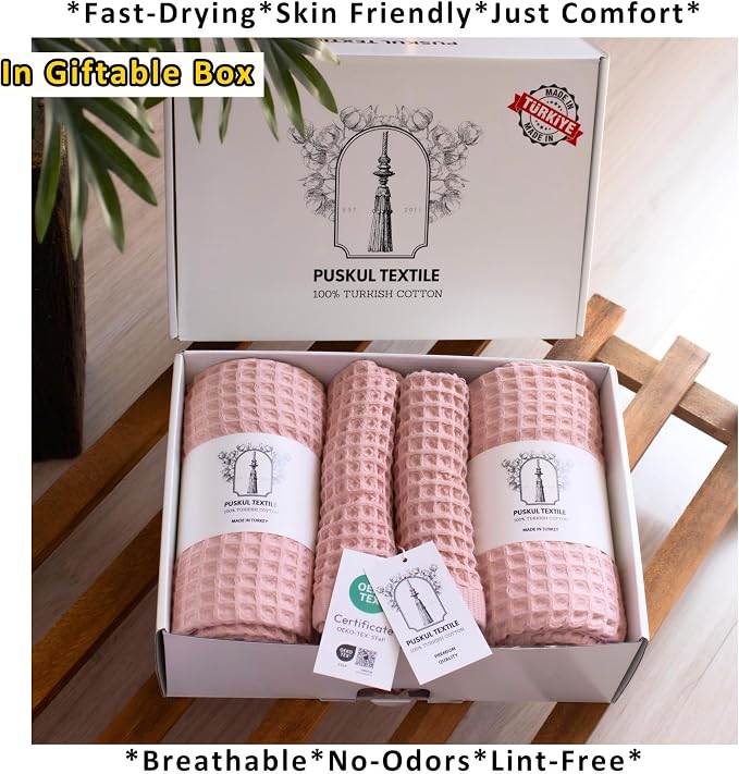 PÜSKÜL 4-Piece Natural 100% Turkish Cotton Luxury Waffle Towels for Bathroom | Premium Quality Honeycomb Weave 2 Hand Towel & 2 Bath Towel Set | Soft Absorbent Quick-Dry Lightweight Towels (Pink)