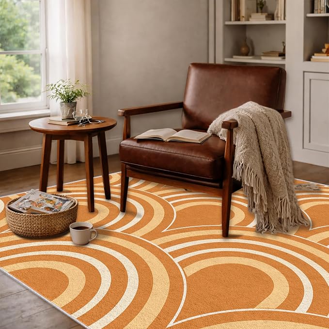 Terracotta Arch Area Rug 5 x 8 ft, Mid-Century Modern Geometric Rug, Burnt Orange Cream Abstract Washable Rug, Soft Low Pile Non-Slip Carpet for Living Room Bedroom