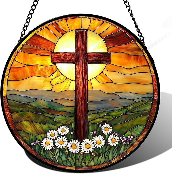 Christian Gifts for Women - Cross Stained Glass Window Hanging Easter Daisy Natural Landscape Sun Catcher Garden Religion Decor Mother's Day Catholic Gift for Men Grandma Mom Her Nana 11.8"