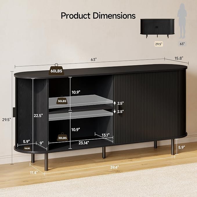 Buffet Sideboard Cabinet with Storage, 63" Fluted Cabinet with Sliding Door & Adjustable Shelf, Modern Accent Coffee Bar Console Table for Kitchen, Entryway, Black