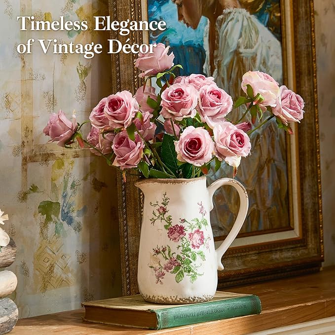 Vintage Rose Flora Ceramic Vase with Handle, Retro Ice Glazed Crack Farmhouse Pitcher Vase for Home Decor, Living Room, Shelf, Office, Rustic Table Centerpiece 7 Inch