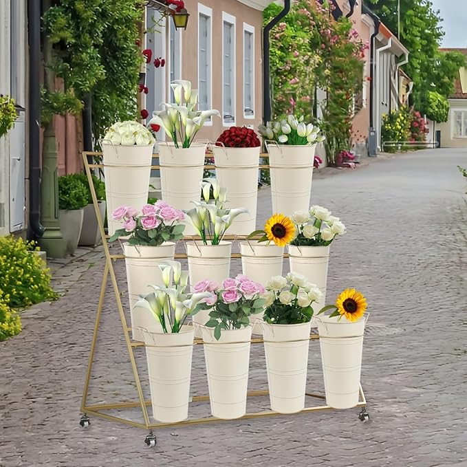 Notakia 12 Inch Large Galvanized Metal Vases Farmhouse French Flower Bucket Vases for Cut Flowers for Home Decor and Wedding Table Centerpiece Decorations (Large Beige 4Pcs)