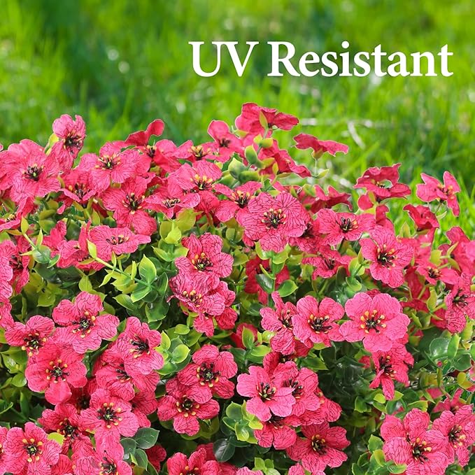 Artificial Flowers Outdoor Faux Plants UV Resistant Fake Patio Flowers Plastic Greenery Plnats Outside Bulk for Spring Garden Hanging Planter Home Vase Decor, 12 Bundles (Rose Red)