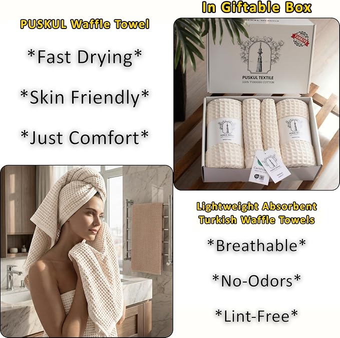 PÜSKÜL Organic Raw-Undyed Waffle Towels for Bathroom Set 4-Piece | Natural 100% Turkish Cotton Luxury 2 Hand Towel & 2 Bath Towel | Absorbent Quick Dry Lightweight Bath Towels Oeko-Tex Made in Turkey