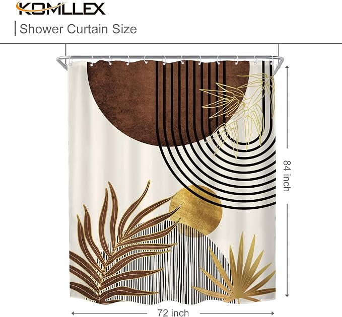 KOMLLEX Mid Century Brown Boho Shower Curtain for Bathroom Decor 72Wx84H Inches Abstract Modern Beige Gold Minimalist Bohemian Geometric Simple Fabric Waterproof Polyester 12 Pack Hooks Pack Hooks