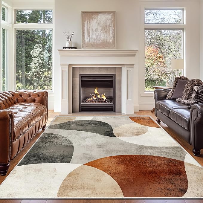 5x7 Boho Area Rug Brown Tan Beige Black White Bedroom Rug Soft Low Pile Thin Large Carpet Living Room Non Slip Dining Room Stain Resistant Office Washable Machine