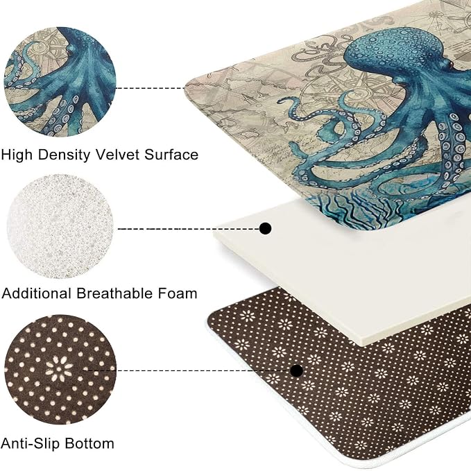 Britimes Blue Bath Mat for Bathroom, Sea Theme Octopus Washable Cover Floor Rug Carpets Floor Mat Bathroom Decorations 18x30 Inches for Kitchen Bedroom Indoor