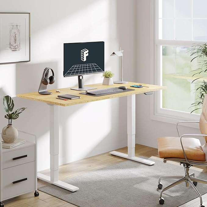 FLEXISPOT E6 MAX Bamboo Dual Motor 3 Stages Standing Desk 55x28 Inch Whole-Piece Board Electric Height Adjustable Stand Up Desk 150KG Load Capacity(White Frame + Bamboo Desktop)