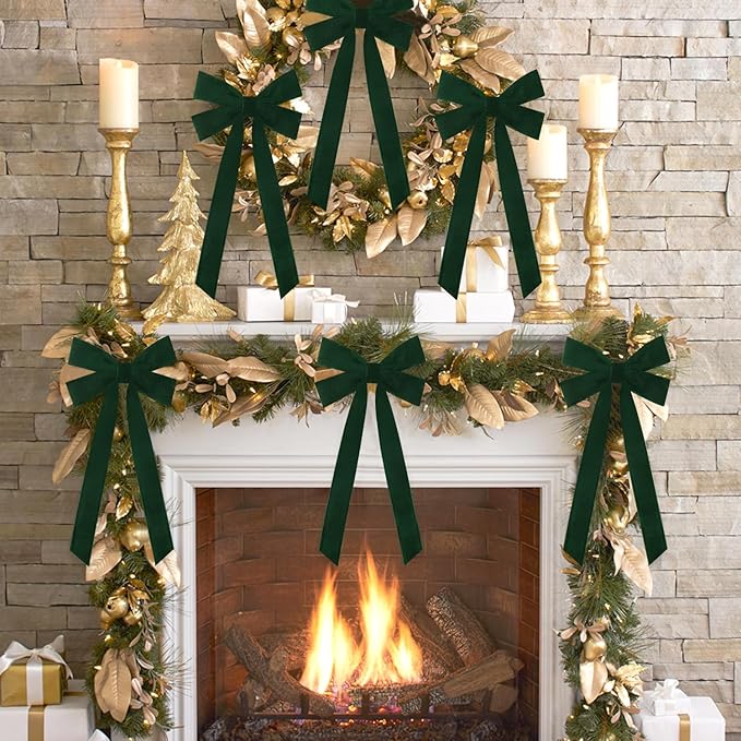 JOICEE 15Pcs Christmas Velvet Bows, 5in x 12in Christmas Tree Bows Rustic Crafts Gift Wrapping Bows Xmas Ornaments for Wreath Garland Tree Decorations Indoor Outdoor Holiday Decor(Green)