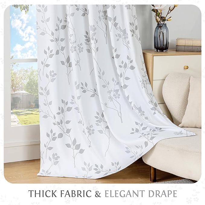 Beauoop Floral 100% Blackout Curtains 84 Inches Long 2 Panels for Bedroom Living Room Grey White Flower Patterned Room Darkening Thermal Insulated Soundproof Rod Pocket Back Tab Window Drapes, 52X84