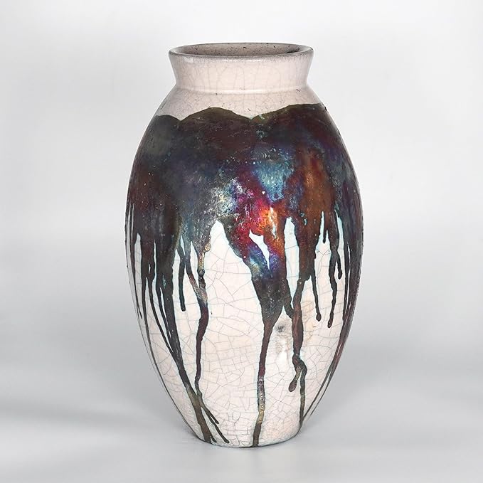RAAQUU Large Oval Ceramic Half Copper Matte Vase S/N0000186 13.5" Raku Clay Pottery Handcrafted Art Home Décor Table Centerpiece Unique Gift for Her, Mom