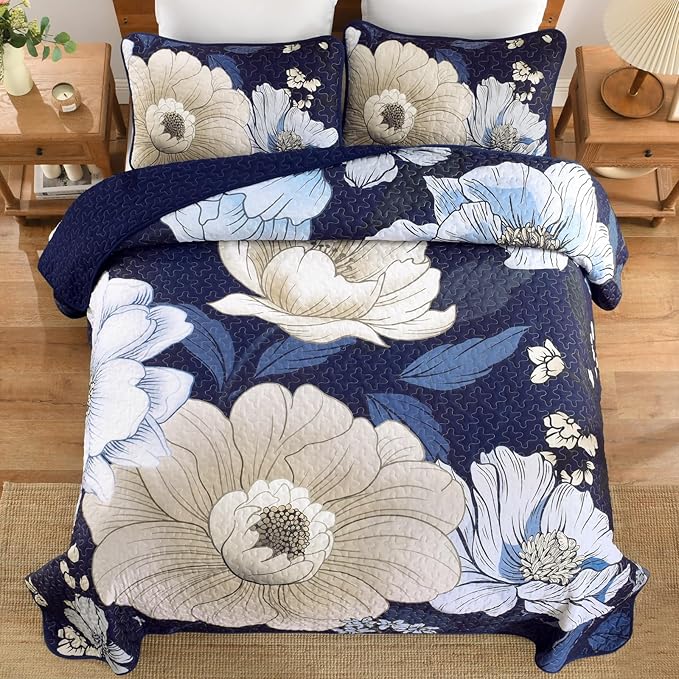 Dintszyayue Blue Quilt Set Queen,3 Pieces Floral Bedspreads Lightweight Coverlet Set for All Seasons, Reversible Quilted Printed Bedding Set with 2 Pillow Shams