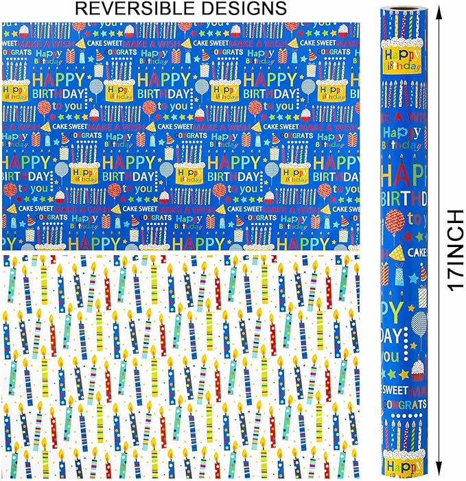 Homeral Blue Birthday Wrapping Paper Roll - Happy Birthday Lettering & Colorful Candles, Reversible Design for Boy Baby Shower, Party - Mini Roll - 17 Inch x 33 Feet