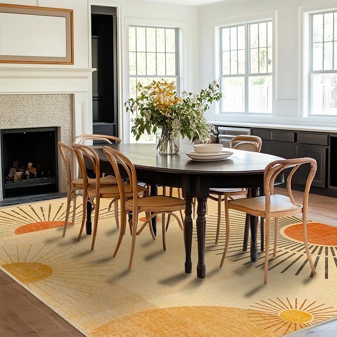 9x12 Large Area Rug for Living Room Sun Rug Mid Century Modern Rugs Machine Washable Boho Geometric Rug Non Slip Printed Low Pile Indoor Floor Carpet for Dining Room Bedroom Office,Yellow