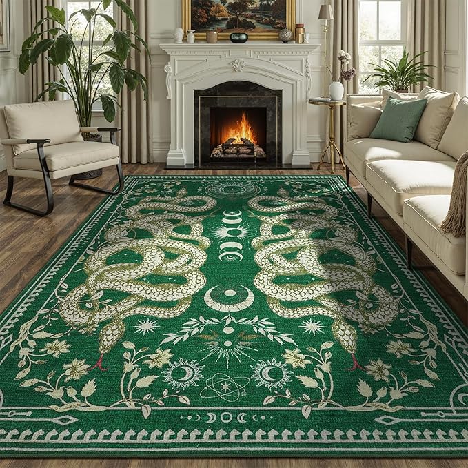 DCX Washable 5x7 Snake Rug, Green Gothic Rug for Living Room, Soft Low Pile Carpet, Kid & Pet Friendly with Rubber Back Non Slip, Stain Resistant Rug for Bedroom Dining Room Office