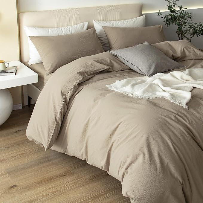 JIYUAN 100% Washed Cotton Duvet Cover Set 3 Pieces Oversized Queen, 1 Duvet Cover 98x98 Inches(Comforter Not Included) and 2 Pillowcases,Linen Feel Bedding Set Comfy and Breathable,Khaki