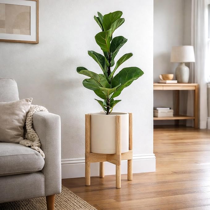 D'vine Dev Planter Pot with Stand - 8 Inch Plastic Cylinder Flower Pot with Wood Planter Holder for Indoor, Oatmeal Pot + Natural Stand, 55-C-J-4