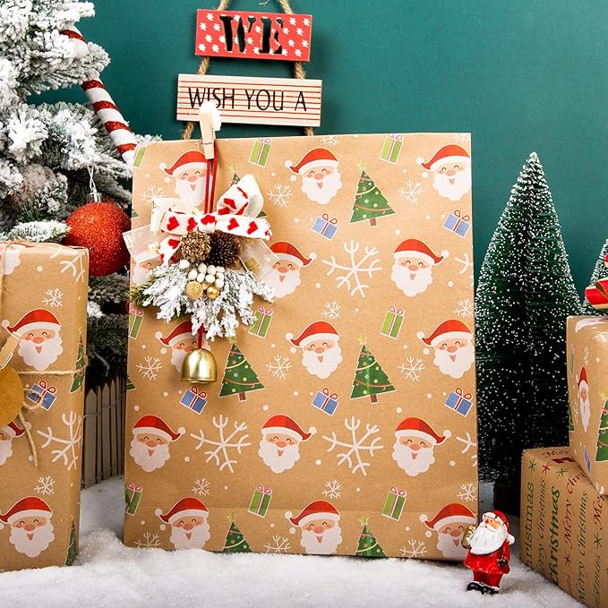 Yarcony Kraft Christmas Wrapping Paper Roll, Reversible Santa Wrapping Paper, Cute Santa, Tree & Merry Christmas Letterings Pattern Thick Holiday Gift Wrap for Winter Celebrations (17 Inch X 33 Feet)